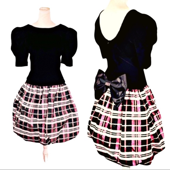 Vintage Dresses & Skirts - ACT II VINTAGE 80s Black Velvet Puff Sleeve Dress Bow Plaid Bubble Skirt Dress 8